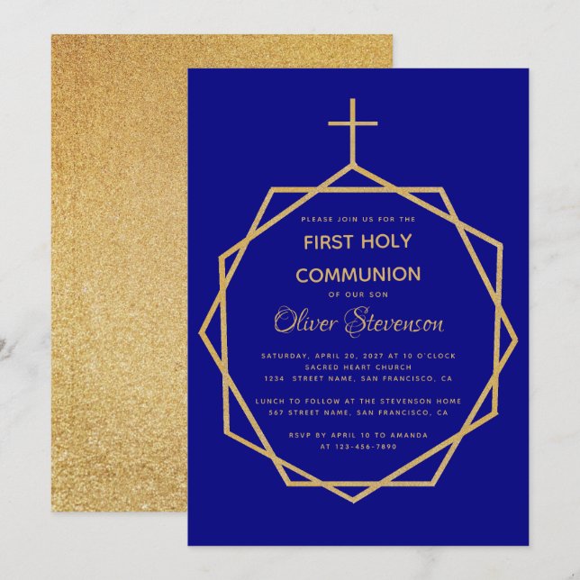 Invitation Gold Navy Blue Boy First Holy Communion Géométriqu (Devant / Derrière)