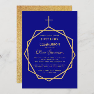 Invitation Gold Navy Blue Boy First Holy Communion Géométriqu
