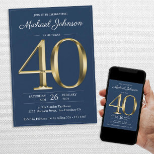 Invitation Gold Navy Blue Classy 40e anniversaire fête