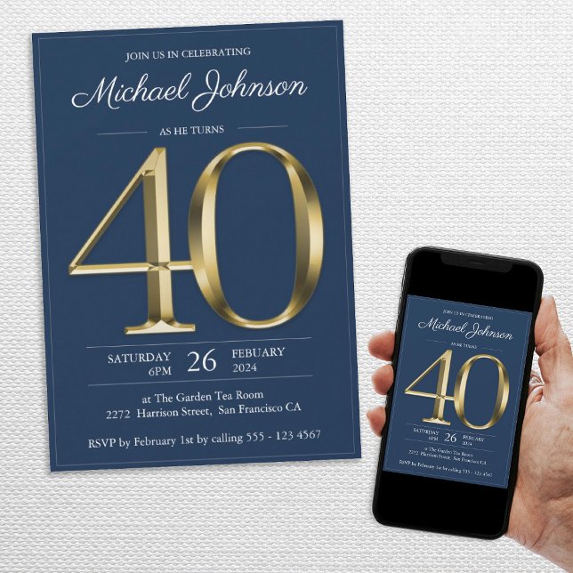 Invitation Gold Navy Blue Classy 40e anniversaire fête (Gold Navy Blue Classy 40th Birthday Party Invitation)