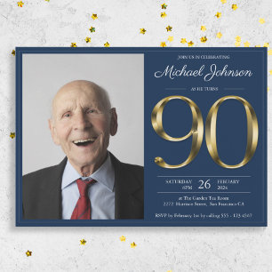 Invitation Gold Navy Blue Classy Photo 90th Birthday Party
