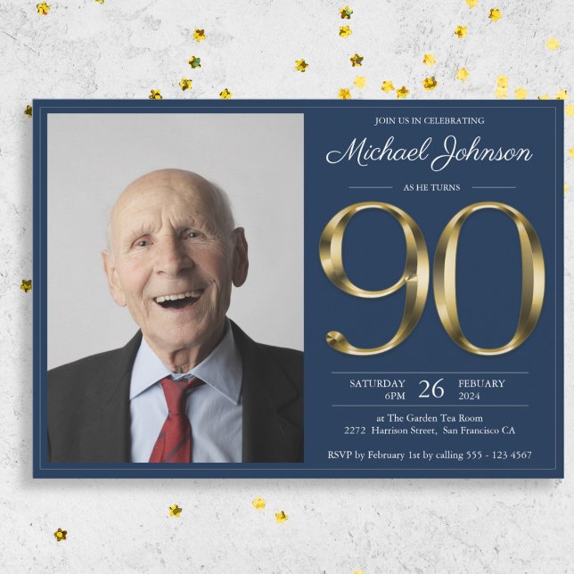 Invitation Gold Navy Blue Classy Photo 90th Birthday Party (Gold Navy Blue Classy Photo 90th Birthday Party Invitation)