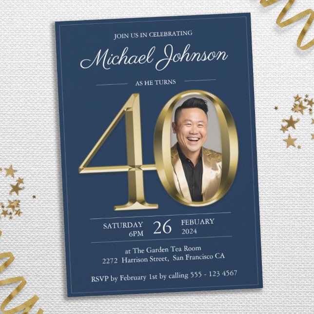 Invitation Gold Navy Blue Elegant Photo 40th Birthday Party (Gold Navy Blue Elegant Photo 40th Birthday Party Invitation)