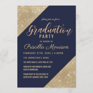 Invitation Gold Navy Blue Faux Parties scintillant Sequin Gra