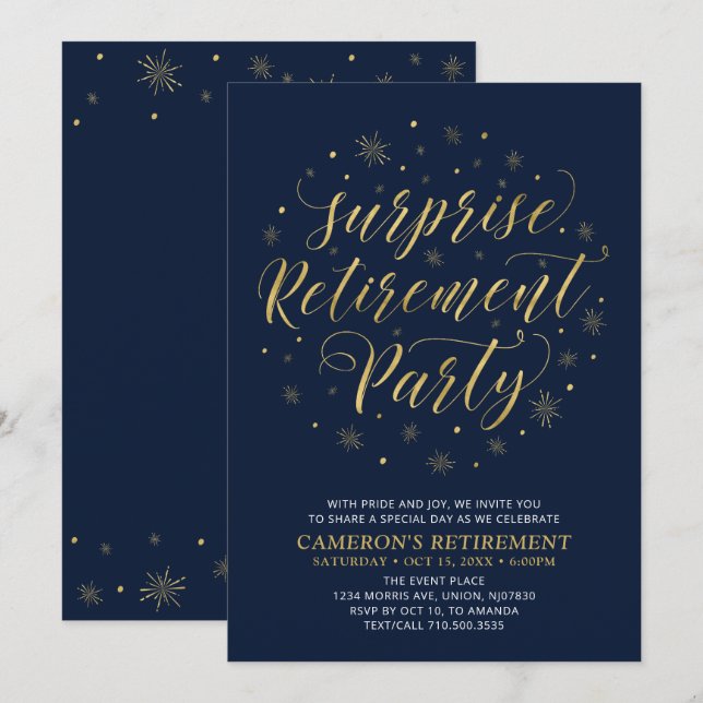 Invitation Gold & Navy Blue Moderne Surprise Retraite Party (Devant / Derrière)
