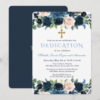 Invitation Gold Navy Blue Pink Floral Triplets Dedication