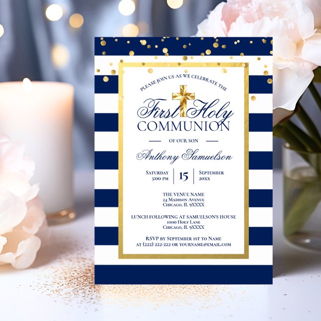 Invitation Gold Navy Blue Stripes Premier Saint Communion Gar (Gold Navy Blue Stripes First Holy Communion Boy Invitation)