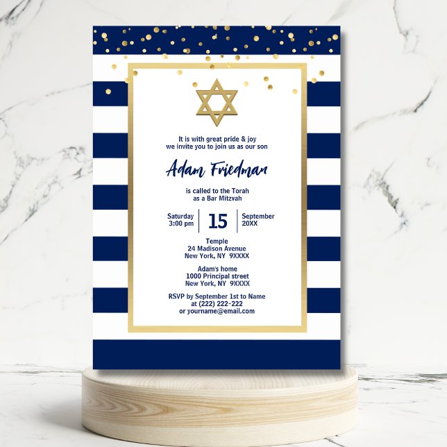 Invitation Gold Navy Blue Stripes & Star David | Bar Mitzvah  (Créateur téléchargé)