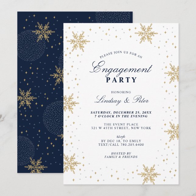 Invitation Gold & Navy Blue Winter Christmas Engagement Party (Devant / Derrière)