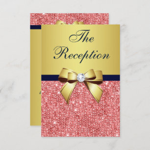 Invitation Gold Navy Coral Sequins Bow Mariage Réception