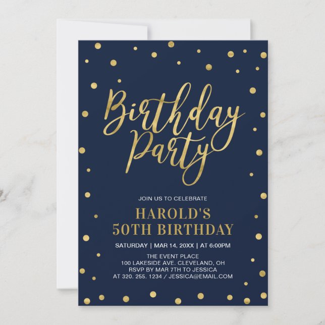 Invitation Gold & Navy moderne Adulte 50e Anniversaire (Devant)