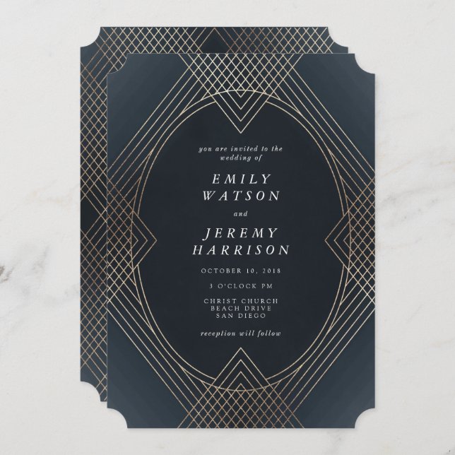 Invitation Gold Navy Oval Géométrique Art Déco Mariage Gatsby (Devant / Derrière)