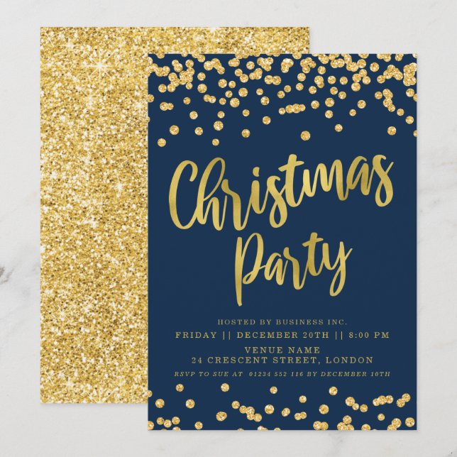 Invitation Gold Navy Parties scintillant Business Noël (Devant / Derrière)