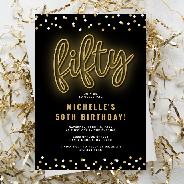 Invitation Gold Neon adulte 50e fête d'anniversaire (Créateur téléchargé)