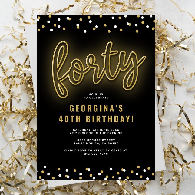 Invitation Gold Neon adulte fête du 40e anniversaire (Créateur téléchargé)