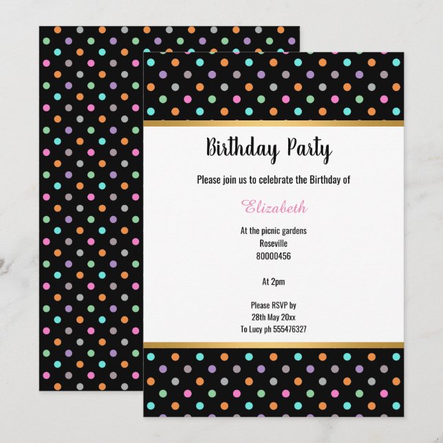 INVITATION GOLD NOIR PASTEL SPOT POLKA DOT ANNIVERSAIRE (Devant / Derrière)