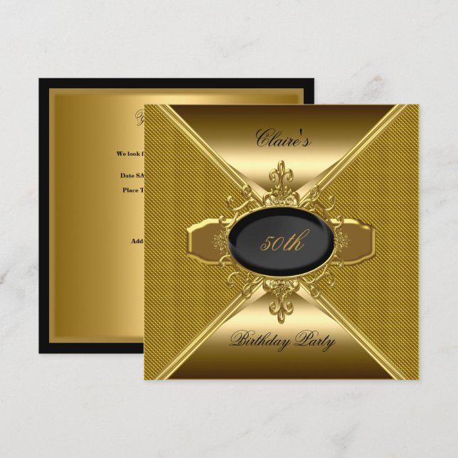 Invitation Gold On Gold Black 50th Birthday Party 3 (Devant / Derrière)