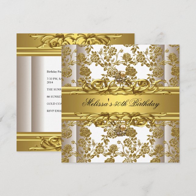 Invitation Gold On White 50th Birthday Party Bijoux Floral (Devant / Derrière)