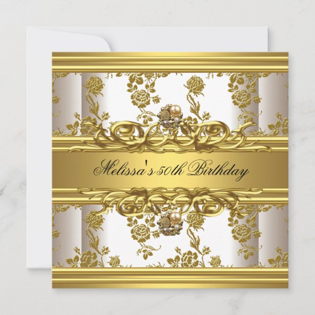 Invitation Gold On White 50th Birthday Party Bijoux Floral (Devant)