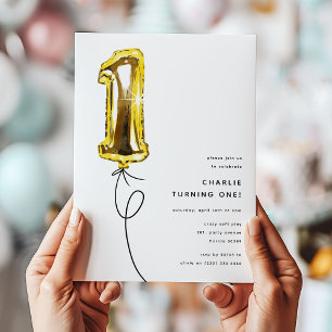 Invitation Gold One Balloon minimum 1ère fête d'anniversaire