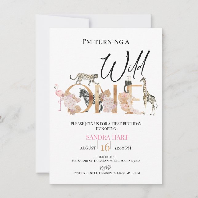 Invitation Gold One Boho Floral Safari filles premier anniver (Devant)