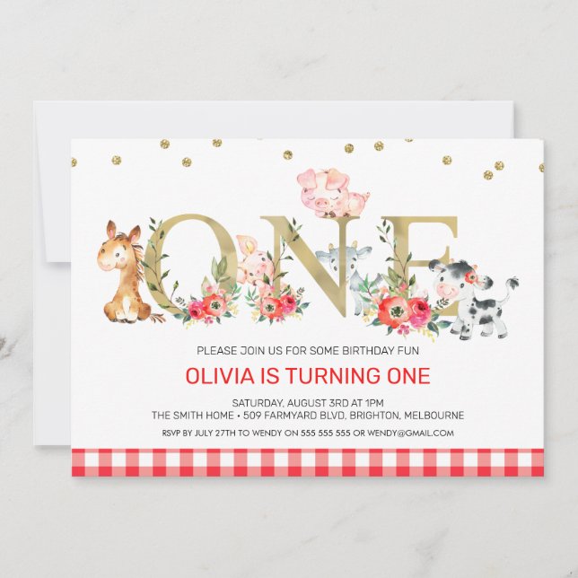 Invitation Gold One Red Plaid Farm Animaux 1er anniversaire (Devant)