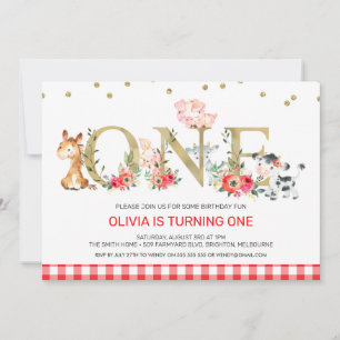 Invitation Gold One Red Plaid Farm Animaux 1er anniversaire