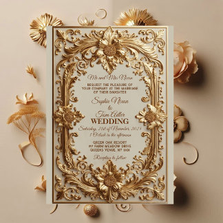 Invitation Gold Ornate Baroque Grandeur Floral Motif Wedding 