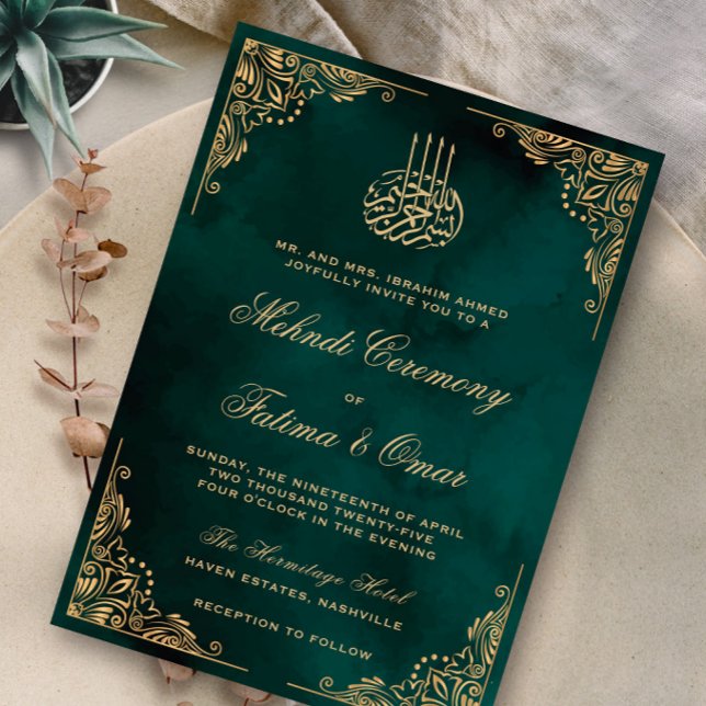 Invitation Gold Ornate Green Cérémonie islamique de henné Meh (Créateur téléchargé)