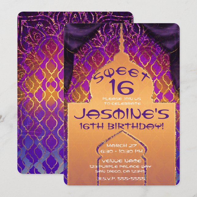 Invitation Gold Palace Arabian Nights Sweet 16 Anniversaire (Devant / Derrière)