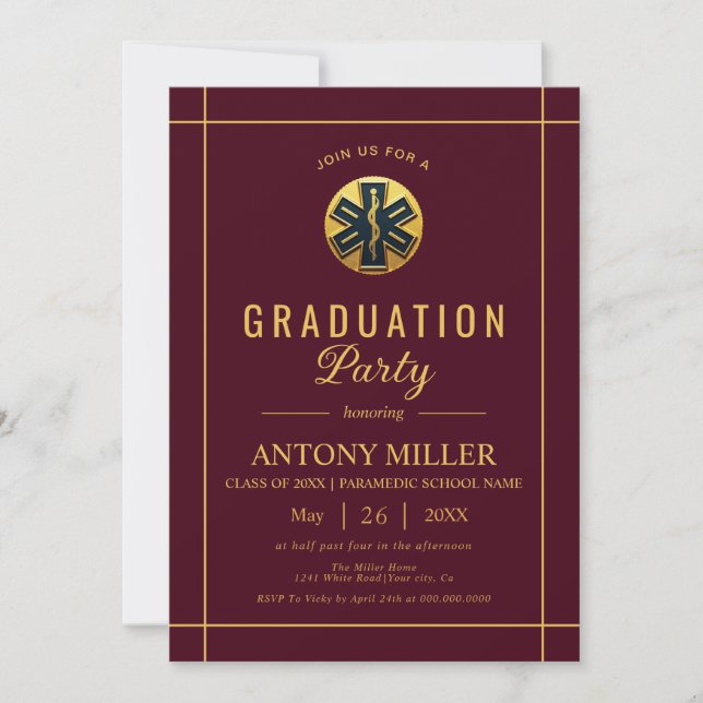 Invitation Gold paramedic Class Of 2026 burgundy graduation (Devant)