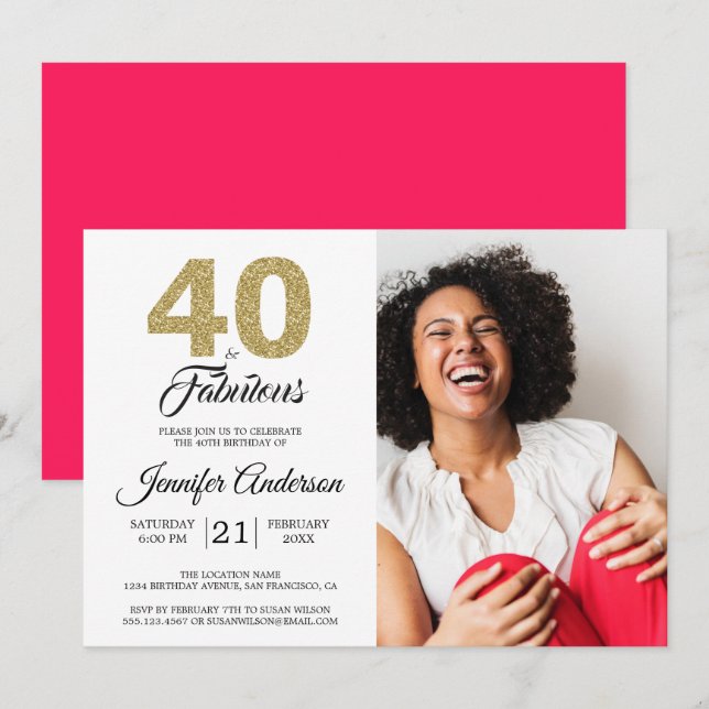 Invitation Gold Parties scintillant 40 Fabuleux Anniversaire  (Devant / Derrière)