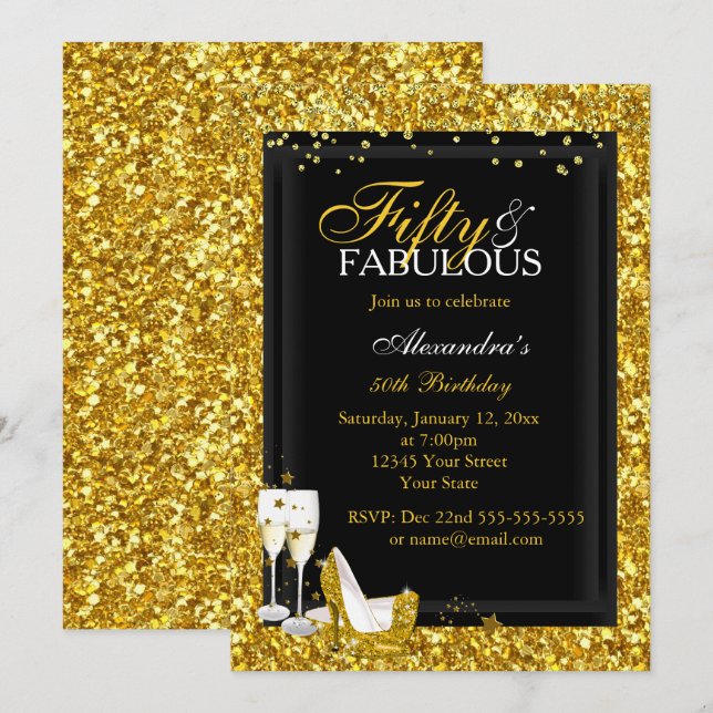 Invitation Gold Parties scintillant 50 Fabuleuse fête champag (Devant / Derrière)