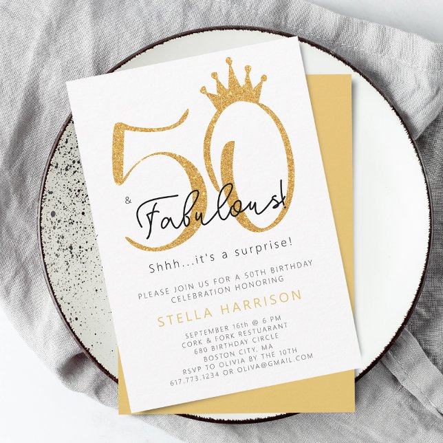 Invitation Gold Parties scintillant 50ème et Fabulous Annithd (Gold Glitter 50th and Fabulous Birthday Party Invitation)