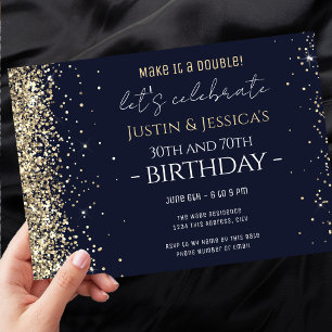 Invitation Gold Parties scintillant Bleu Double fête d'annive