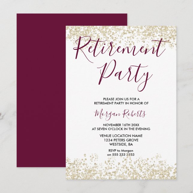 Invitation Gold Parties scintillant Burgundy Retraite Party (Devant / Derrière)