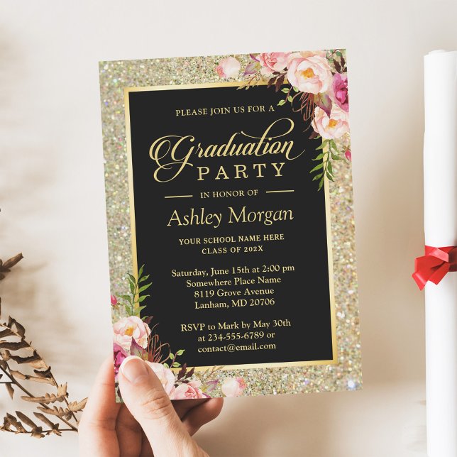 Invitation Gold Parties scintillant Floral 2023 Photo Graduat (Créateur téléchargé)