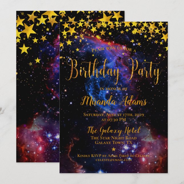 Invitation Gold Parties scintillant Galaxy Stars Anniversaire (Devant / Derrière)