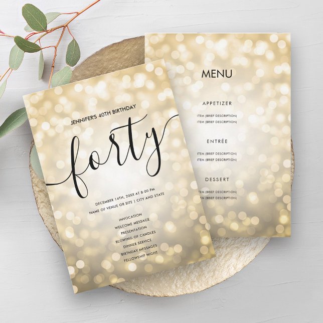 Invitation Gold Parties scintillant Lights 40th Birthday Menu (Gold Glitter Lights 40th Birthday Menu Program)