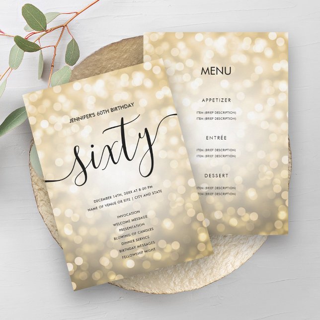 Invitation Gold Parties scintillant Lights 60e anniversaire M (Gold Glitter Lights 60th Birthday Menu Program)