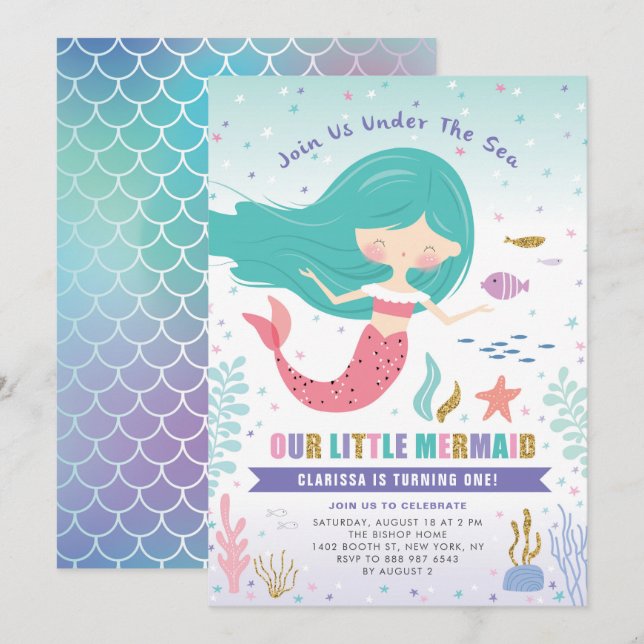 Invitation Gold Parties scintillant Little Mermaid Anniversai (Devant / Derrière)