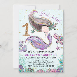 Invitation Gold Parties scintillant One Purple Mermaid 1er an