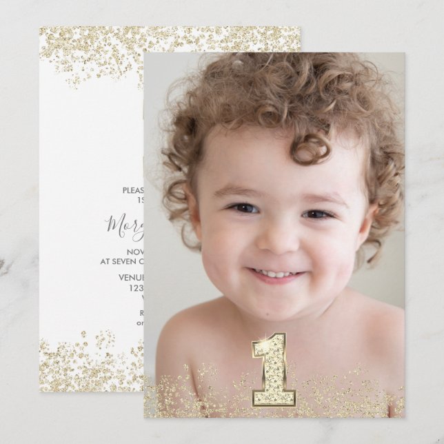 Invitation Gold Parties scintillant Photo Boys Filles 1er ann (Devant / Derrière)