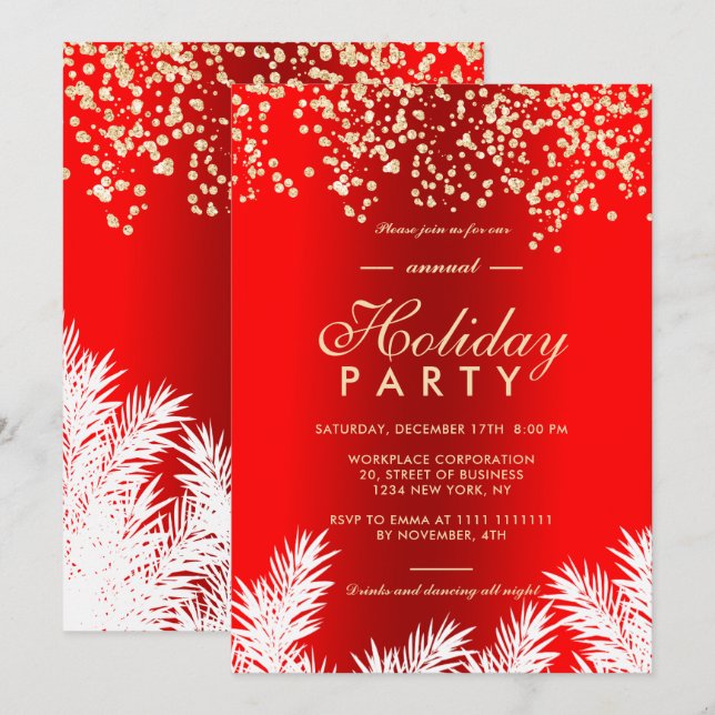 Invitation Gold parties scintillant pins rouges vacances d'hi (Devant / Derrière)