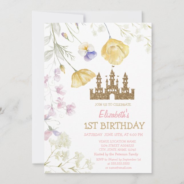 Invitation Gold Parties scintillant Princess Castle Fleur sau (Devant)