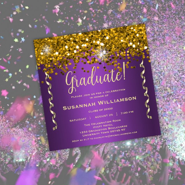 Invitation Gold Parties scintillant Purple Graduation Party (Créateur téléchargé)
