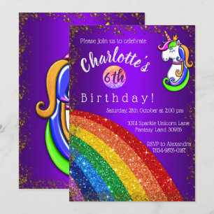 Invitation Gold Parties scintillant Rainbow Purple Unicorn An