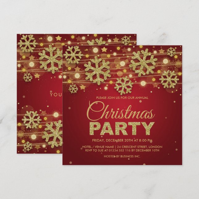Invitation Gold Parties scintillant & Red Corporate Christmas (Devant / Derrière)