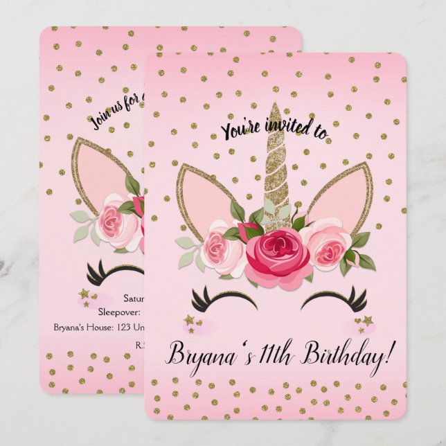 Invitation Gold Parties scintillant & Rose Floral Unicorn fêt (Devant / Derrière)