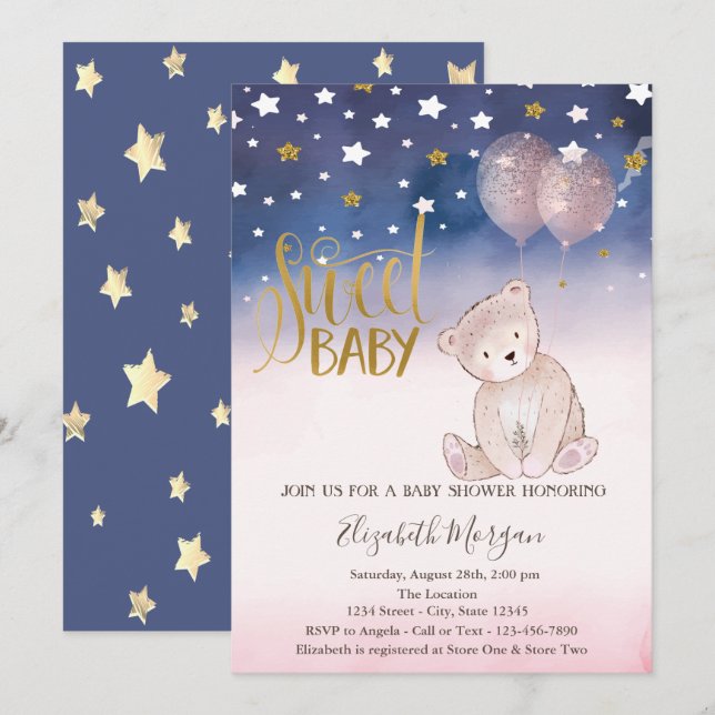 Invitation Gold Parties scintillant Star, Teddy Bear Balloons (Devant / Derrière)